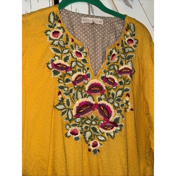 Ritu Kumar Embroidered Dress Kurta Size M Yellow Floral Boho Festival Resort - Picture 3 of 11